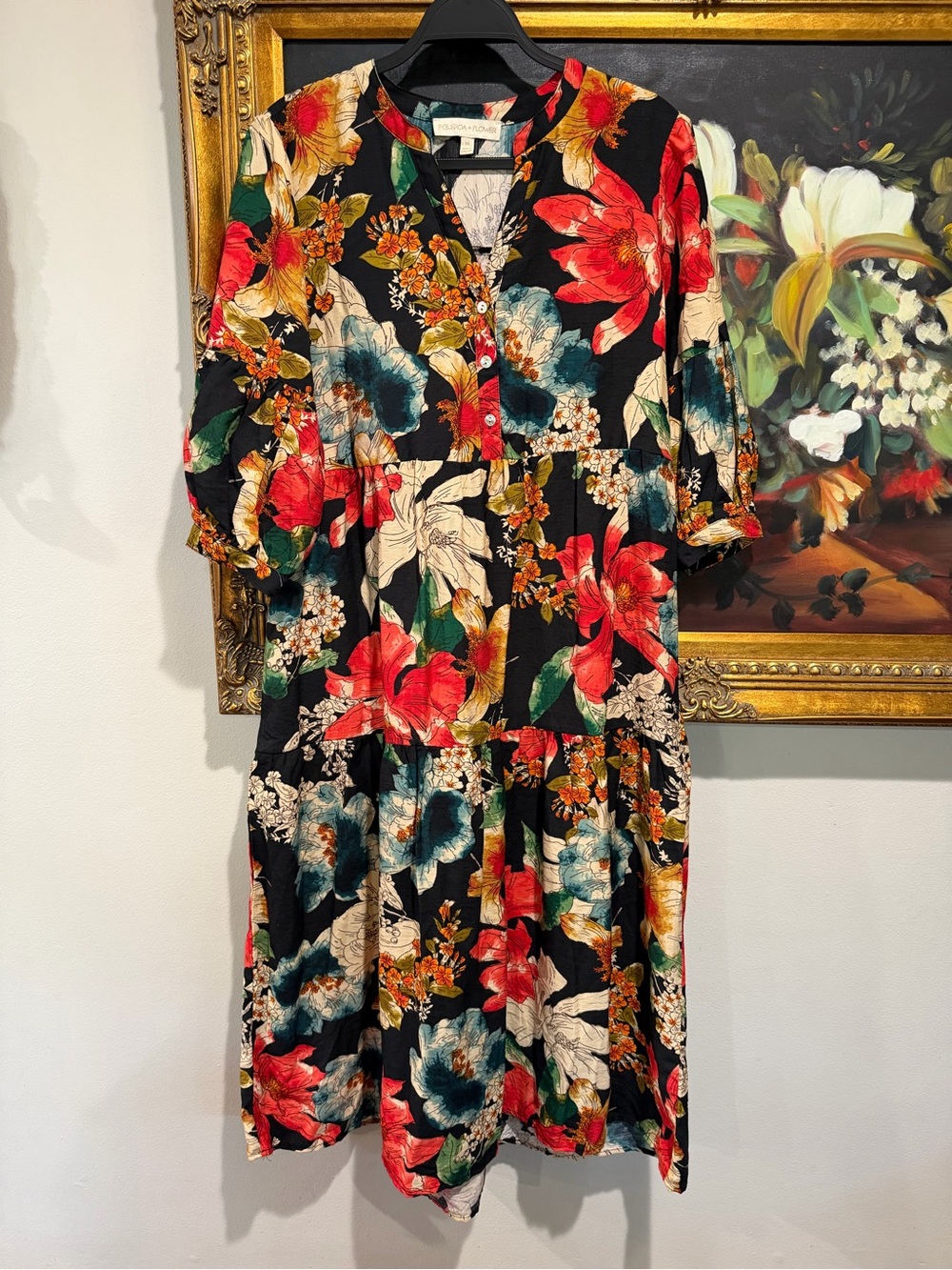 Black Floral Tiered Midi Dress with Red & Teal Blooms